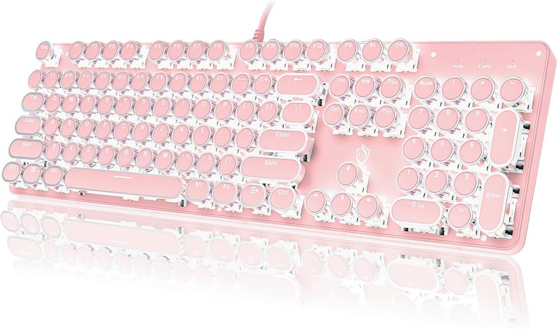 YSCP Typewriter Style Mechanical Gaming Keyboard LED Backlit Wired with Blue Switch Retro Round Keycap 104 Keys Keyboard (Pink 104Keys LED) - Image 1
